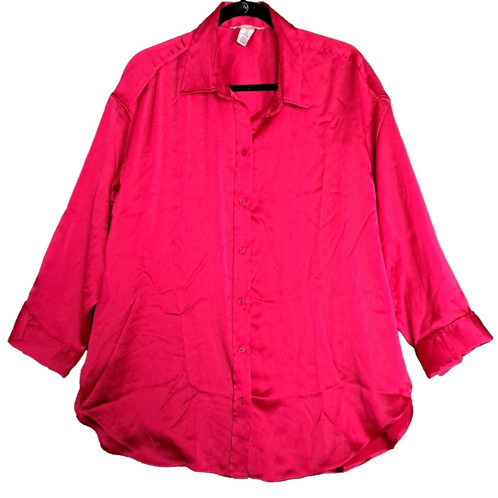 H&M Blouse Shirt Hot Pink Satin Button Women's OVERSIZED Large